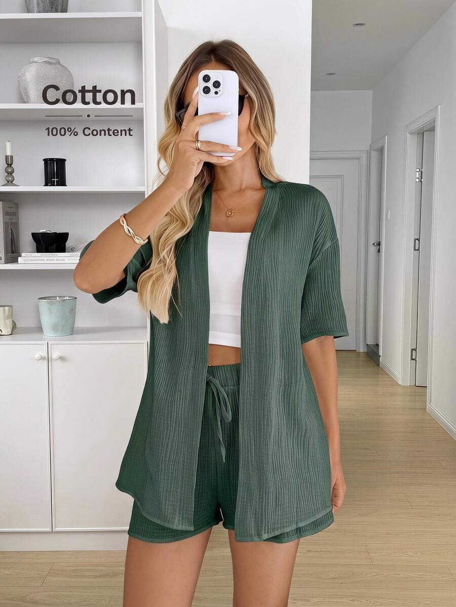 Easowa 春夏純色和服式罩衫 + 短褲休閒極簡度假套裝 深綠色 - 墨綠色 - 查看 1