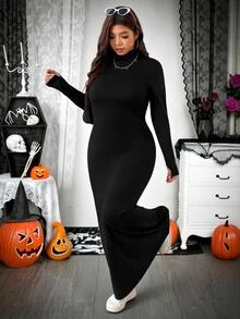 SHEIN EZwear Plus Size Autumn/Winter Casual Solid Color Dress Fall - Black - View 6