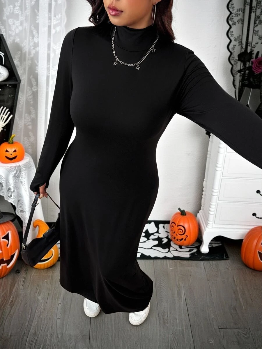SHEIN EZwear Plus Size Autumn/Winter Casual Solid Color Dress Fall - Black - View 1