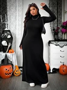 SHEIN EZwear Plus Size Autumn/Winter Casual Solid Color Dress Fall - Black - View 4