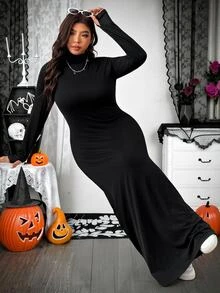 SHEIN EZwear Plus Size Autumn/Winter Casual Solid Color Dress Fall - Black - View 3