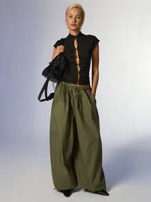 COUREZ Low Rise Parachute Baggy Balloon Trousers /Y2K Cotton Fall Clothes Baggy Pants Fall Outfits Autumn Wide Leg Pants Woman - Army Green - View 1