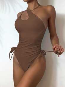 Swim Chiccia Traje de baño de una sola pieza con cordón lateral y un hombro descubierto para la playa de verano - Café integral - Ver 6