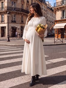 SHEIN Maternity enfärgad mångsidig långärmad casualklänning med rund hals - Aprikos - Visa 10