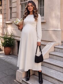 SHEIN Maternity enfärgad mångsidig långärmad casualklänning med rund hals - Aprikos - Visa 1