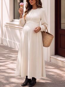 SHEIN Maternity enfärgad mångsidig långärmad casualklänning med rund hals - Aprikos - Visa 9