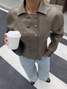 Muchica Women's Autumn Fashion Double-Breasted Jacket Office Khaki Elegant - Brown - View 1