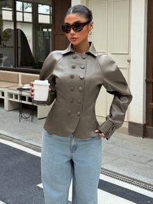 Muchica Women's Autumn Fashion Double-Breasted Jacket Office Khaki Elegant - Brown - View 4