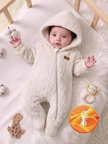 SHEIN 男嬰卡通熊圖案連帽保暖內裡加厚連身長褲，秋冬款 - 卡其色 - 查看 6