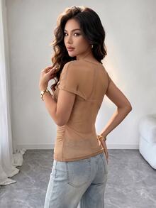 SHEIN Raffinéa Women's Summer Mesh Top With Asymmetrical Neckline, Cape Sleeves, Metallic Decor, Sheer Design, Holiday Casual Everyday Streetwear - Brown - View 2