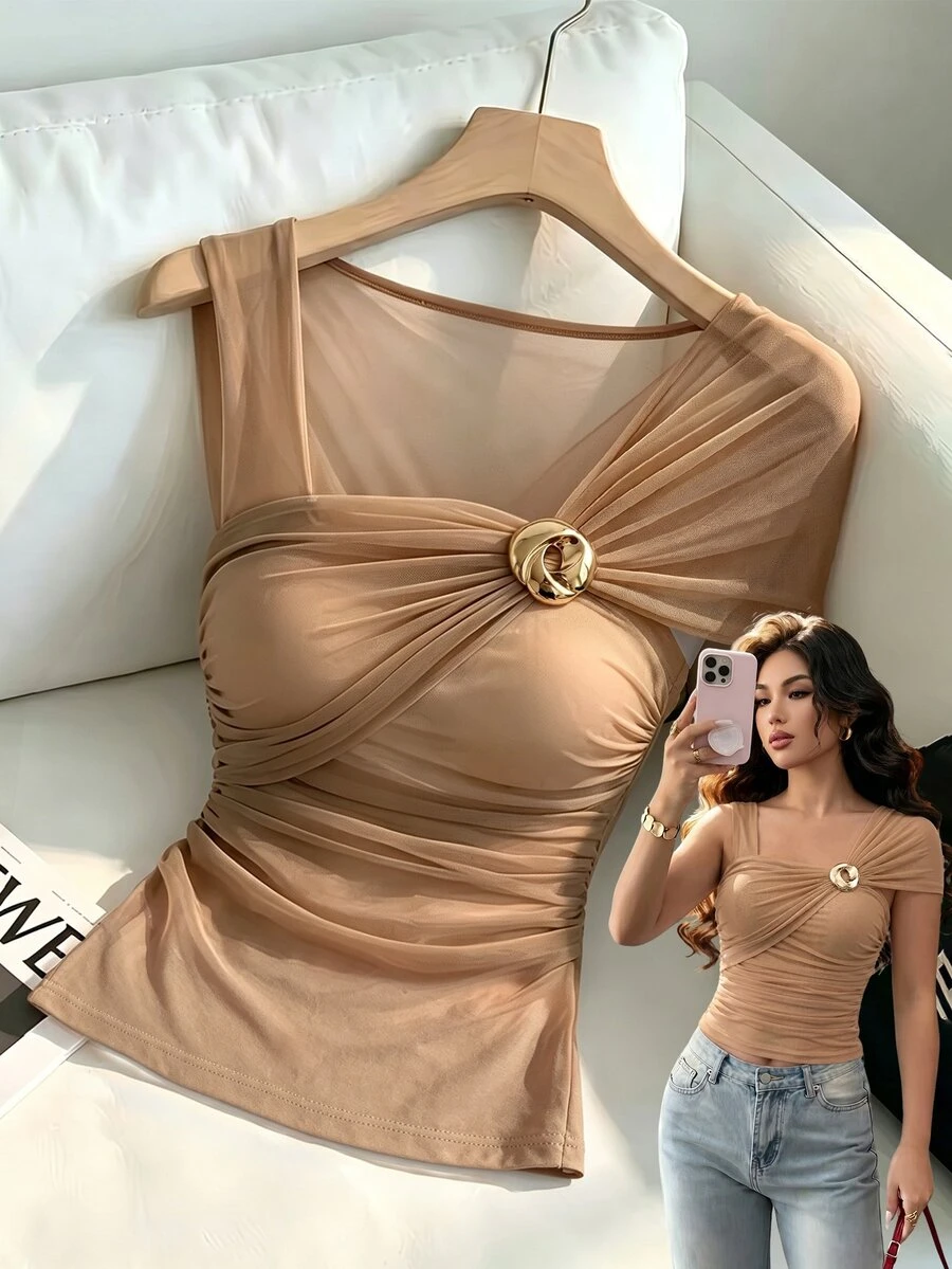SHEIN Raffinéa Women's Summer Mesh Top With Asymmetrical Neckline, Cape Sleeves, Metallic Decor, Sheer Design, Holiday Casual Everyday Streetwear - Brown - View 1