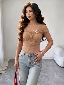 SHEIN Raffinéa Women's Summer Mesh Top With Asymmetrical Neckline, Cape Sleeves, Metallic Decor, Sheer Design, Holiday Casual Everyday Streetwear - Brown - View 5
