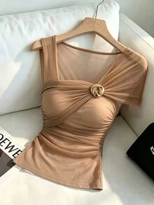 SHEIN Raffinéa Women's Summer Mesh Top With Asymmetrical Neckline, Cape Sleeves, Metallic Decor, Sheer Design, Holiday Casual Everyday Streetwear - Brown - View 3