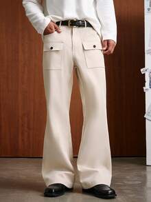 TOKVUE Men's Casual Strench Flare Pants Solid Color Mid Rise Slim Fit Trousers With Pockets - Apricot - View 4