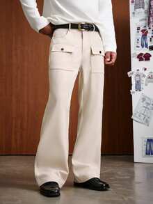 TOKVUE Men's Casual Strench Flare Pants Solid Color Mid Rise Slim Fit Trousers With Pockets - Apricot - View 5