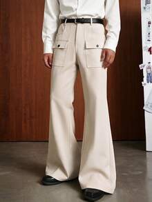 TOKVUE Men's Casual Strench Flare Pants Solid Color Mid Rise Slim Fit Trousers With Pockets - Apricot - View 1