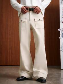 TOKVUE Men's Casual Strench Flare Pants Solid Color Mid Rise Slim Fit Trousers With Pockets - Apricot - View 3