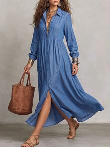 SHEIN Holidaya Women's Solid Color Faux Denim Effect Shirt Collar Loose Front Open Casual Dress, Front Button Detail, Suitable For Outings And Daily Commute Wear - Blue - View 4