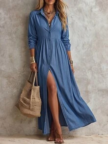 SHEIN Holidaya Women's Solid Color Faux Denim Effect Shirt Collar Loose Front Open Casual Dress, Front Button Detail, Suitable For Outings And Daily Commute Wear - Blue - View 1