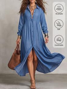 SHEIN Holidaya Women's Solid Color Faux Denim Effect Shirt Collar Loose Front Open Casual Dress, Front Button Detail, Suitable For Outings And Daily Commute Wear - Blue - View 3