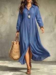 SHEIN Holidaya Women's Solid Color Faux Denim Effect Shirt Collar Loose Front Open Casual Dress, Front Button Detail, Suitable For Outings And Daily Commute Wear - Blue - View 6