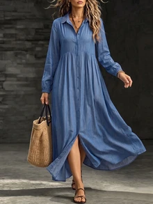 SHEIN Holidaya Women's Solid Color Faux Denim Effect Shirt Collar Loose Front Open Casual Dress, Front Button Detail, Suitable For Outings And Daily Commute Wear - Blue - View 5