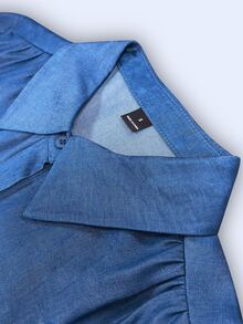 SHEIN Holidaya Women's Solid Color Faux Denim Effect Shirt Collar Loose Front Open Casual Dress, Front Button Detail, Suitable For Outings And Daily Commute Wear - Blue - View 8