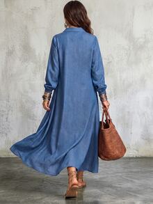 SHEIN Holidaya Women's Solid Color Faux Denim Effect Shirt Collar Loose Front Open Casual Dress, Front Button Detail, Suitable For Outings And Daily Commute Wear - Blue - View 2