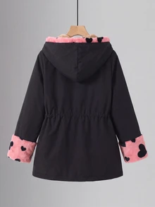 SHEIN 青少年女孩寬鬆休閒毛絨長袖外套，秋季/長袖休閒寬鬆外套，秋冬/ - 黑色 - 查看 8