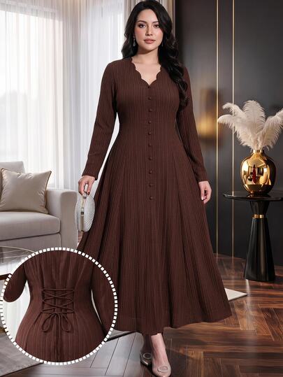 Modelyn Plus Size Women Solid Color V-Neck Long Sleeve Single-Breasted Elegant Dress