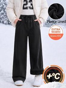 SHEIN 青少年女孩黑色牛仔布抓絨內裡寬鬆長褲，秋冬款 - 黑色 - 查看 8
