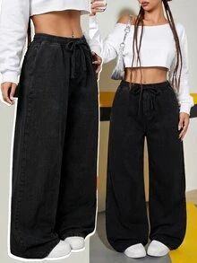 SHEIN 青少年女孩黑色牛仔布抓絨內裡寬鬆長褲，秋冬款 - 黑色 - 查看 7