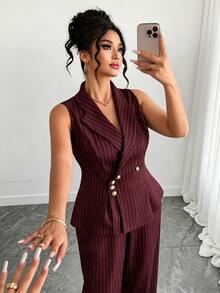 Elenzga 大尺碼女款通勤辦公正式簡約休閒優雅條紋背心與長褲兩件套酒紅色 - 酒紅色 - 查看 7