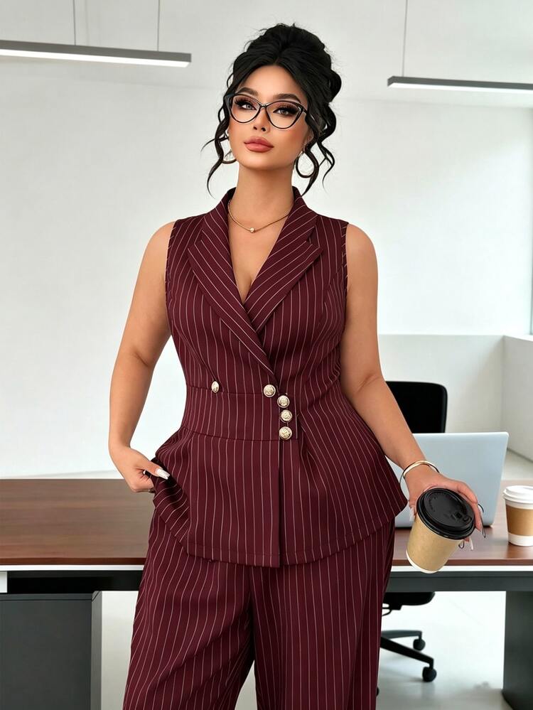 Elenzga Plus Size Women Commuter Office Formal Minimalist Casual Elegant Striped Vest And Pants 2 Pieces Set Burgundy - Burgundy - View 6