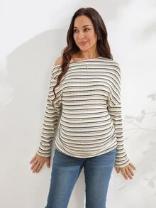 SHEIN Maternity Apricot & Black Striped Asymmetric Neck Top - Apricot - View 5