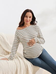 SHEIN Maternity Apricot & Black Striped Asymmetric Neck Top - Apricot - View 6