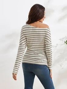 SHEIN Maternity Apricot & Black Striped Asymmetric Neck Top - Apricot - View 2