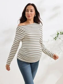 SHEIN Maternity Apricot & Black Striped Asymmetric Neck Top - Apricot - View 3