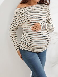 SHEIN Maternity Apricot & Black Striped Asymmetric Neck Top - Apricot - View 8