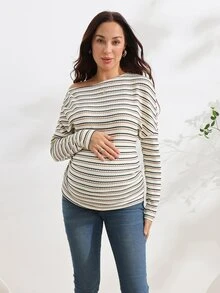 SHEIN Maternity Apricot & Black Striped Asymmetric Neck Top - Apricot - View 4