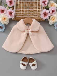 SHEIN Elladie kids 女嬰秋冬新款熱情粉蓬鬆保暖加絨休閒可愛優雅斗篷外套 秋季婚禮花童披風 - 米色 - 查看 6