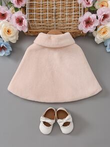 SHEIN Elladie kids 女嬰秋冬新款熱情粉蓬鬆保暖加絨休閒可愛優雅斗篷外套 秋季婚禮花童披風 - 米色 - 查看 2