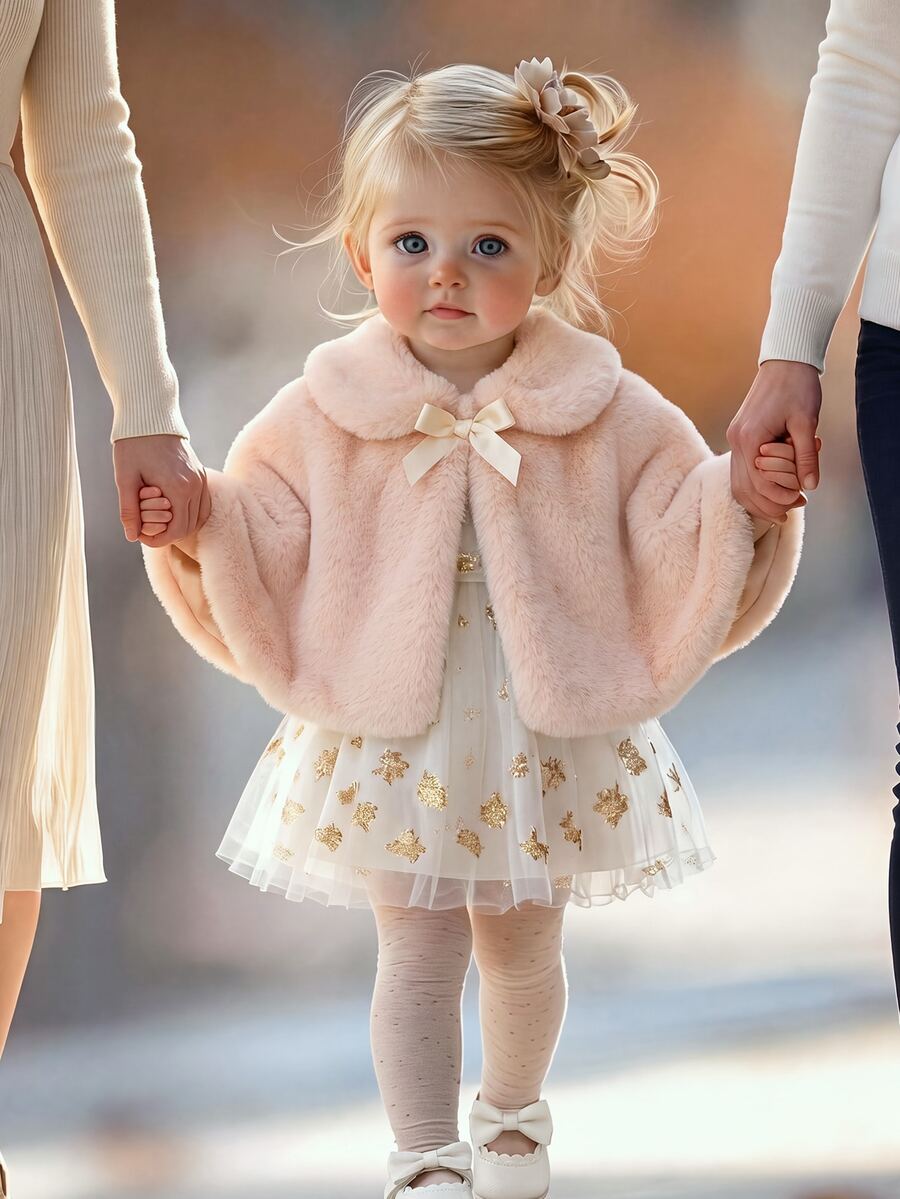SHEIN Elladie kids 女嬰秋冬新款熱情粉蓬鬆保暖加絨休閒可愛優雅斗篷外套 秋季婚禮花童披風 - 米色 - 查看 1