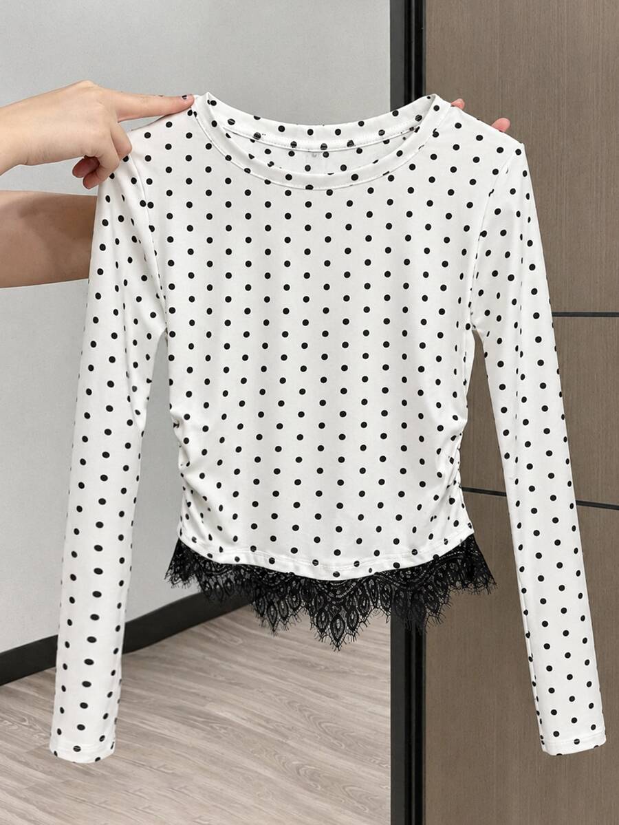 SHEIN Tween Girls Tween Girl Knitted Polka Dot Contrast Lace Trim Round Neck Long Sleeve T-Shirt - Black and White - View 1