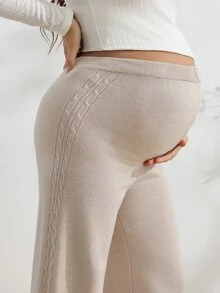 SHEIN Maternity Knit Pants, Loose Fit, Side Shirred Floral Tie Design With Adjustable Buckle, Casual Everyday, Minimalist Versatile Solid Color Long Pants - Khaki - View 7