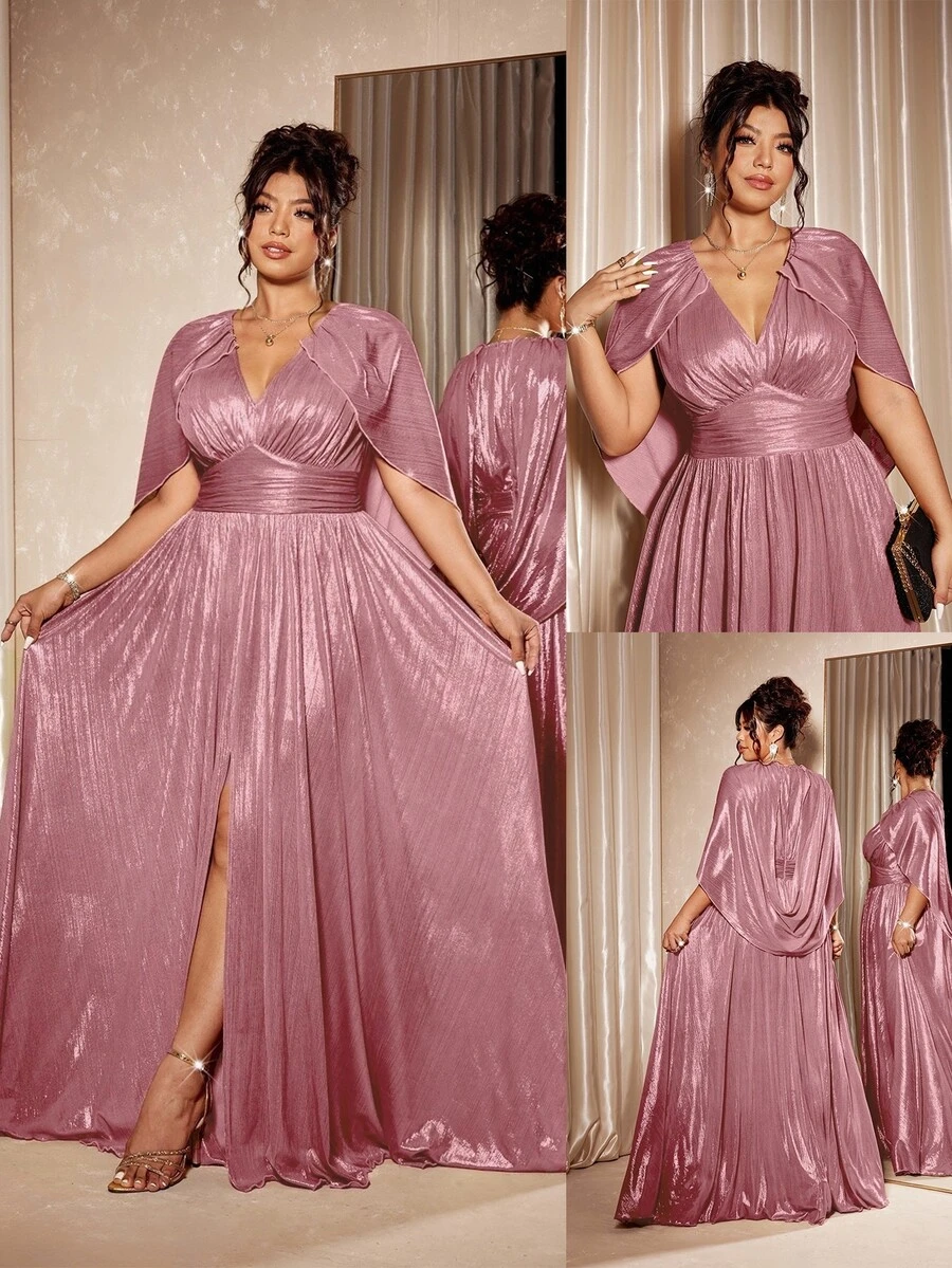 Cravure Plus Size Women's Formal Long Evening Dress,Blush Pink,Summer,Elegant,Shiny Metallic V-Neck Cape Gown,Front Slit Shawl Collar Cinched Waist - Baby Pink - View 1