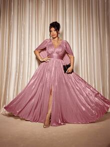 Cravure Plus Size Women's Formal Long Evening Dress,Blush Pink,Summer,Elegant,Shiny Metallic V-Neck Cape Gown,Front Slit Shawl Collar Cinched Waist - Baby Pink - View 8