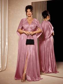 Cravure Plus Size Women's Formal Long Evening Dress,Blush Pink,Summer,Elegant,Shiny Metallic V-Neck Cape Gown,Front Slit Shawl Collar Cinched Waist - Baby Pink - View 3
