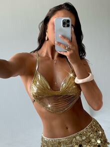 Aloruh Women's Solid Gold Bikini Top With Tassel,Rhinestone,White,Summer,70s Retro,Holiday,Party,Holiday Y2K Rave Music Festival Beach Vacation Top - Gold - View 4