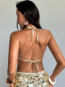 Aloruh Women's Solid Gold Bikini Top With Tassel,Rhinestone,White,Summer,70s Retro,Holiday,Party,Holiday Y2K Rave Music Festival Beach Vacation Top - Gold - View 3